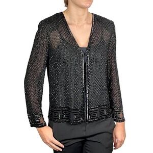 ADRIANNA PAPELL VINTAGE DECO BEAD EMBELLISHED SHEER SILK EVENING HOLIDAY JACKET